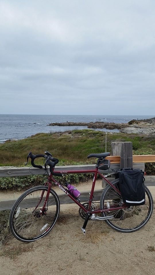 My bike rests along 17 Mile Drive, many many miles after being informed that a bathroom was 