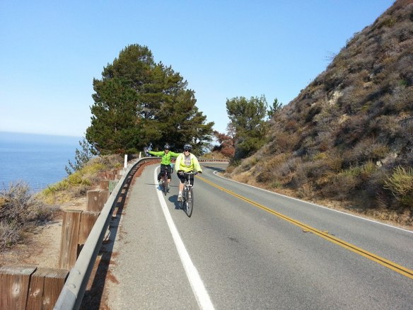 No hands riding with Sue on Highway 1 in Big Sur.