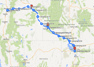 Map 3: May 9 - May 23, Portland, Oregon to Salt Lake City, Utah