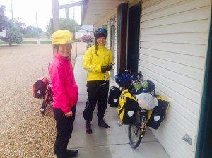 All bundled up in rain gear.