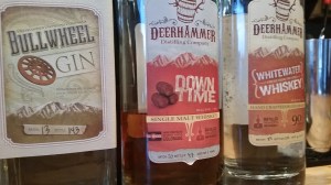 Deerhammer's own whiskey, unaged whiskey, and gin.